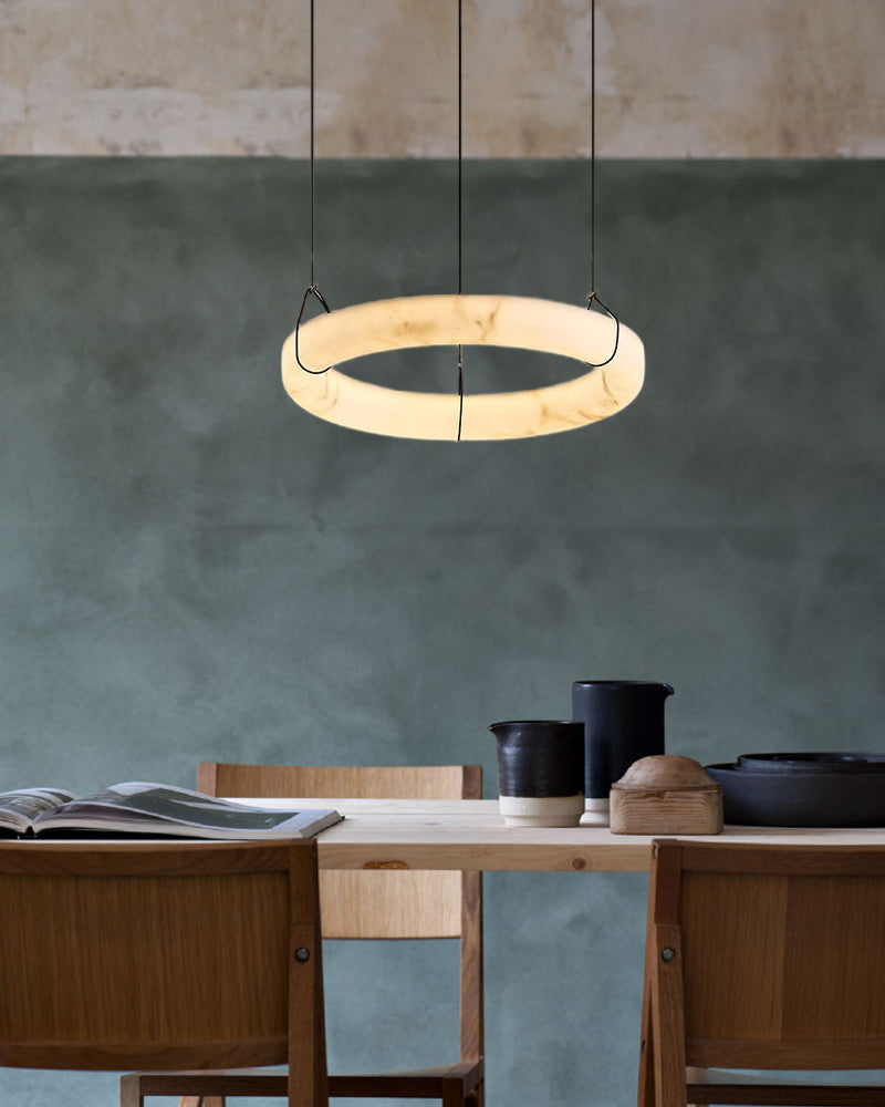 Black Metal Modern Round Ring Alabaster Pendant Light, Width 3.15"