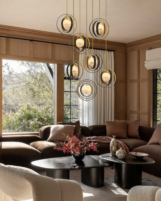 White Alabaster Round Ceiling Pendant Lamp - Gold & Bronze Rotatable Ring