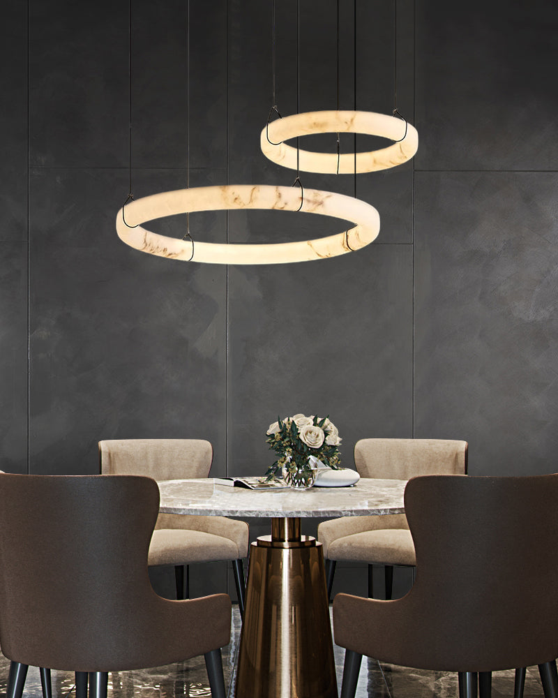 Black Metal Modern Round Ring Alabaster Pendant Light, Width 3.15"