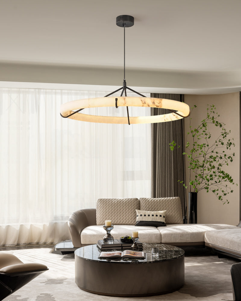 Black Metal Modern Round Ring Alabaster Pendant Light, Width 3.15"