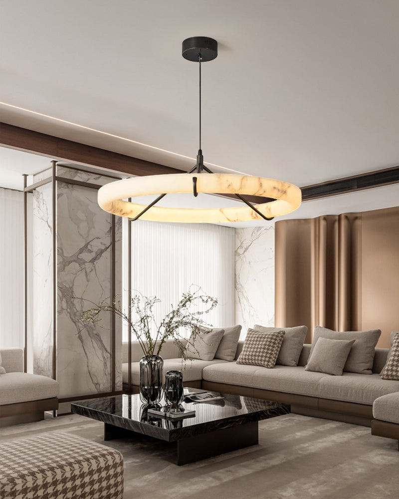 Black Metal Modern Round Ring Alabaster Pendant Light, Width 3.15"