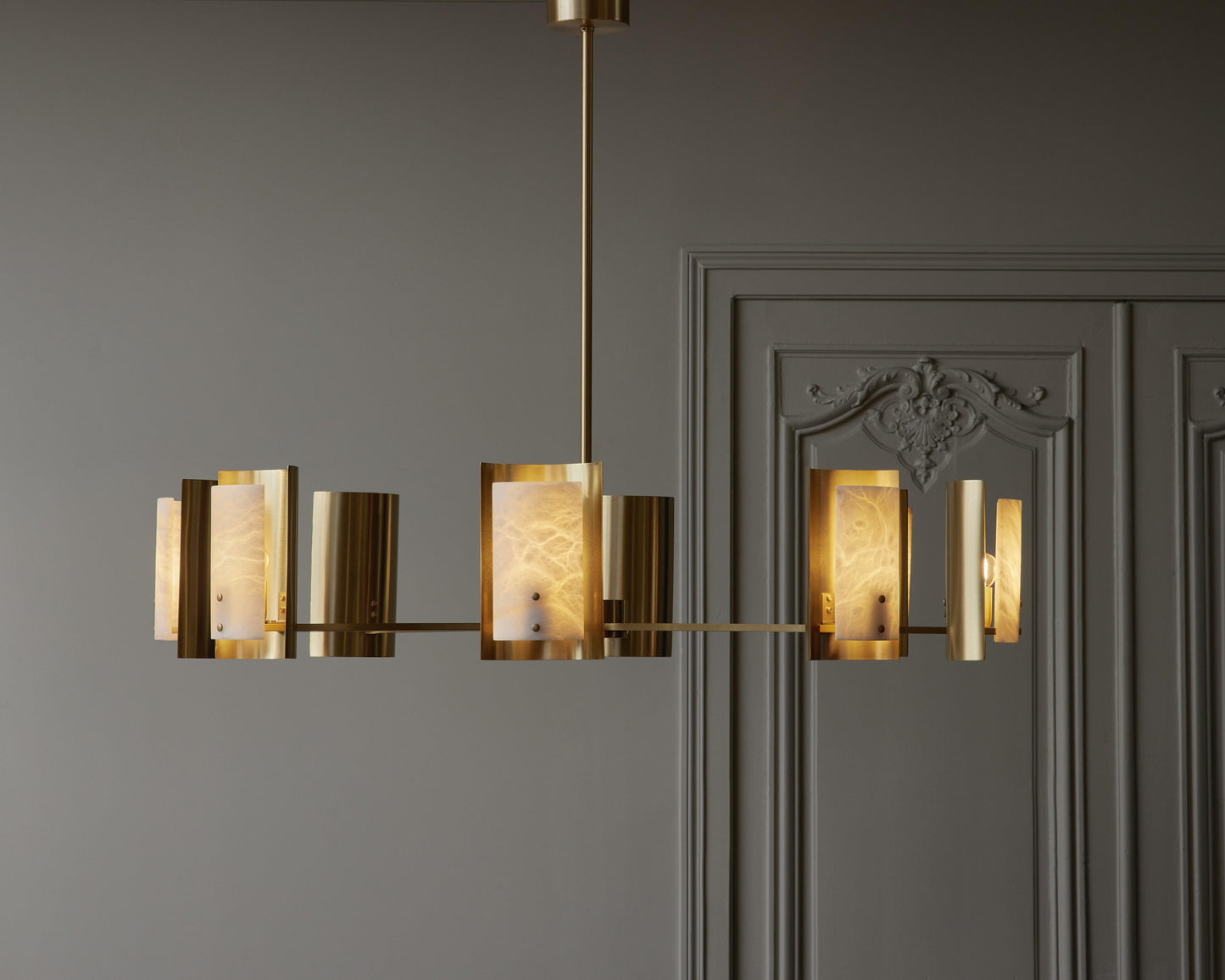 Brass and Alabaster Shield Chandelier