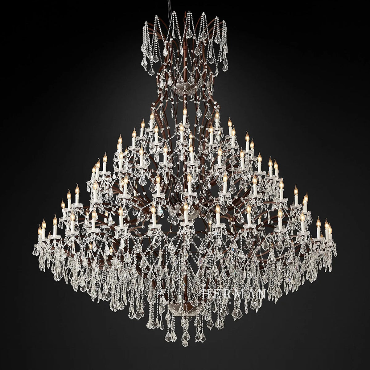 19th C. Rococo Iron & Crystal Round Chandelier 101"