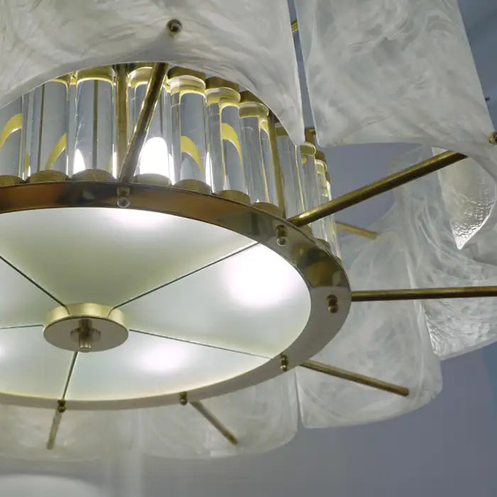 Bespoke Italian Alabaster White Murano Glass Brass Round Chandelier / Flushmount