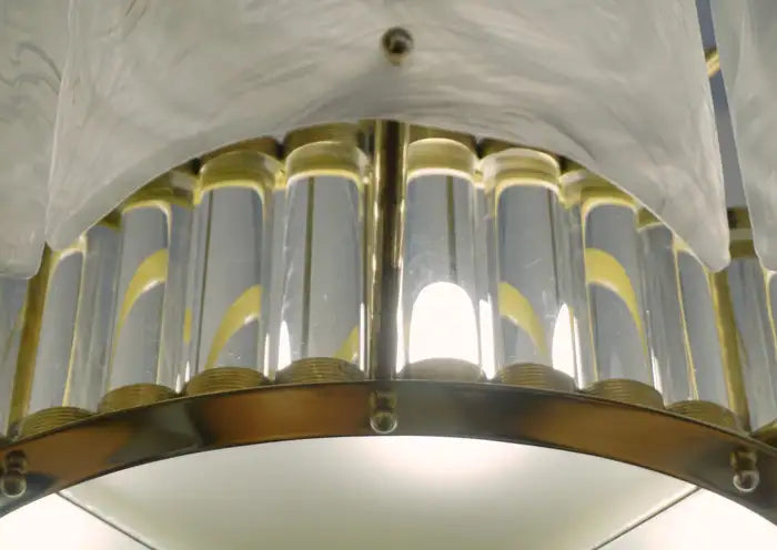 Bespoke Italian Alabaster White Murano Glass Brass Round Chandelier / Flushmount