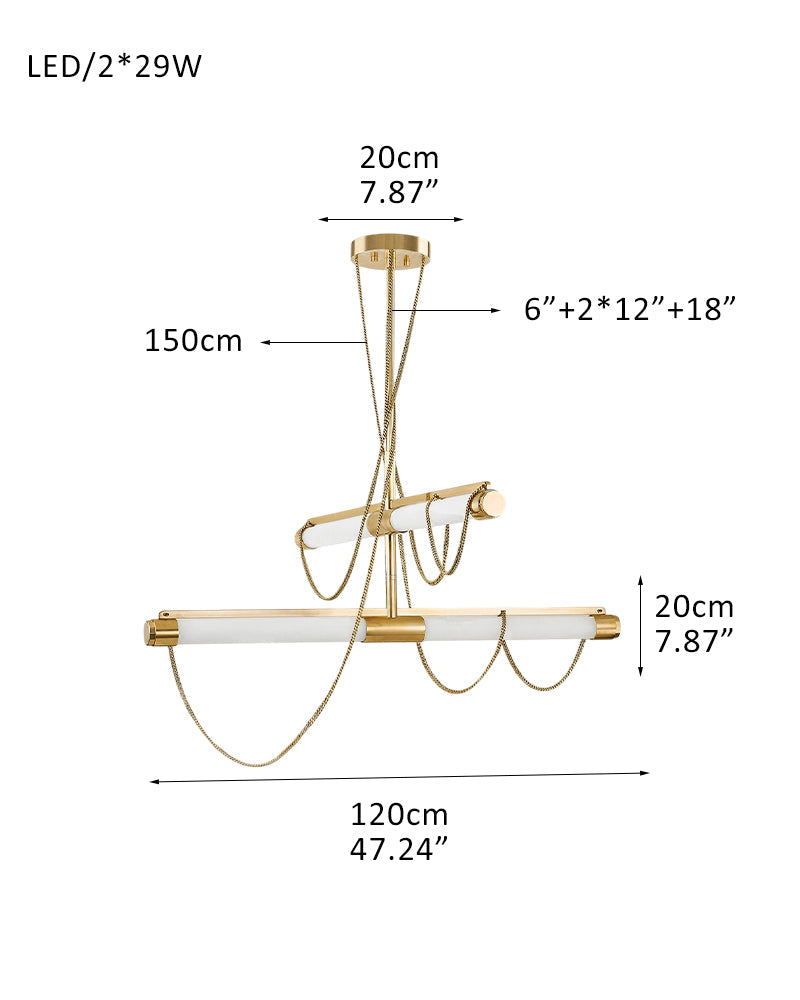 LED Tubular Alabaster Shades Ceiling Pendant Lamp 49" with long chains | Brass