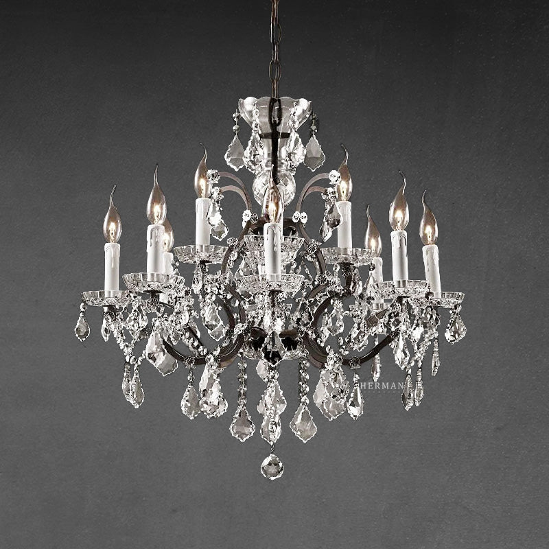 19th C. Rococo Iron & Crystal Round Chandelier 28"