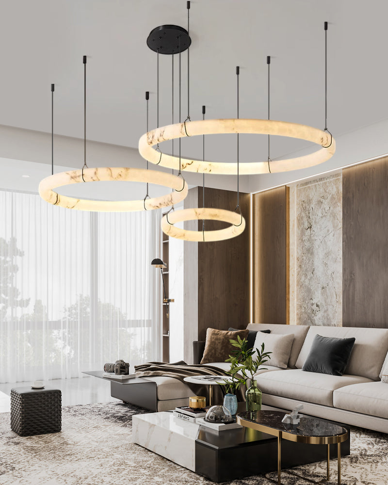 Black Metal Modern Round Ring Alabaster Pendant Light, Width 3.15"