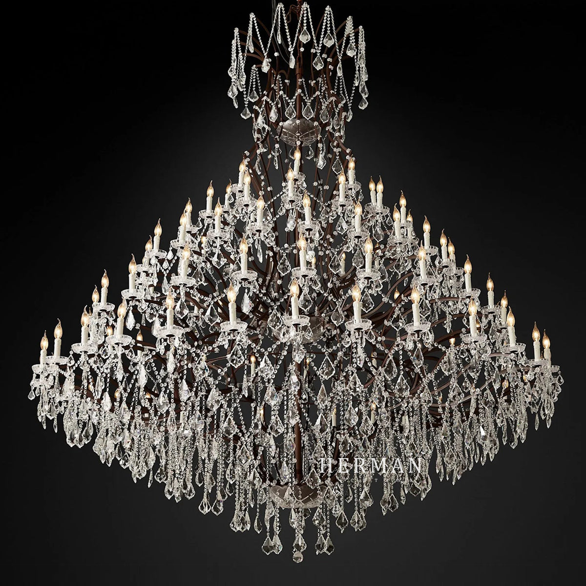 19th C. Rococo Iron & Crystal Round Chandelier 101"