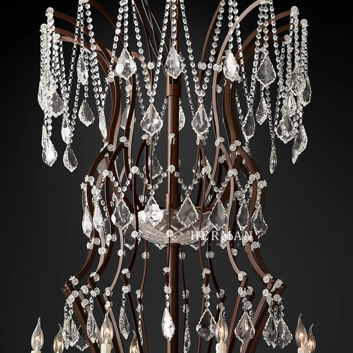 19th C. Rococo Iron & Crystal Round Chandelier 101"