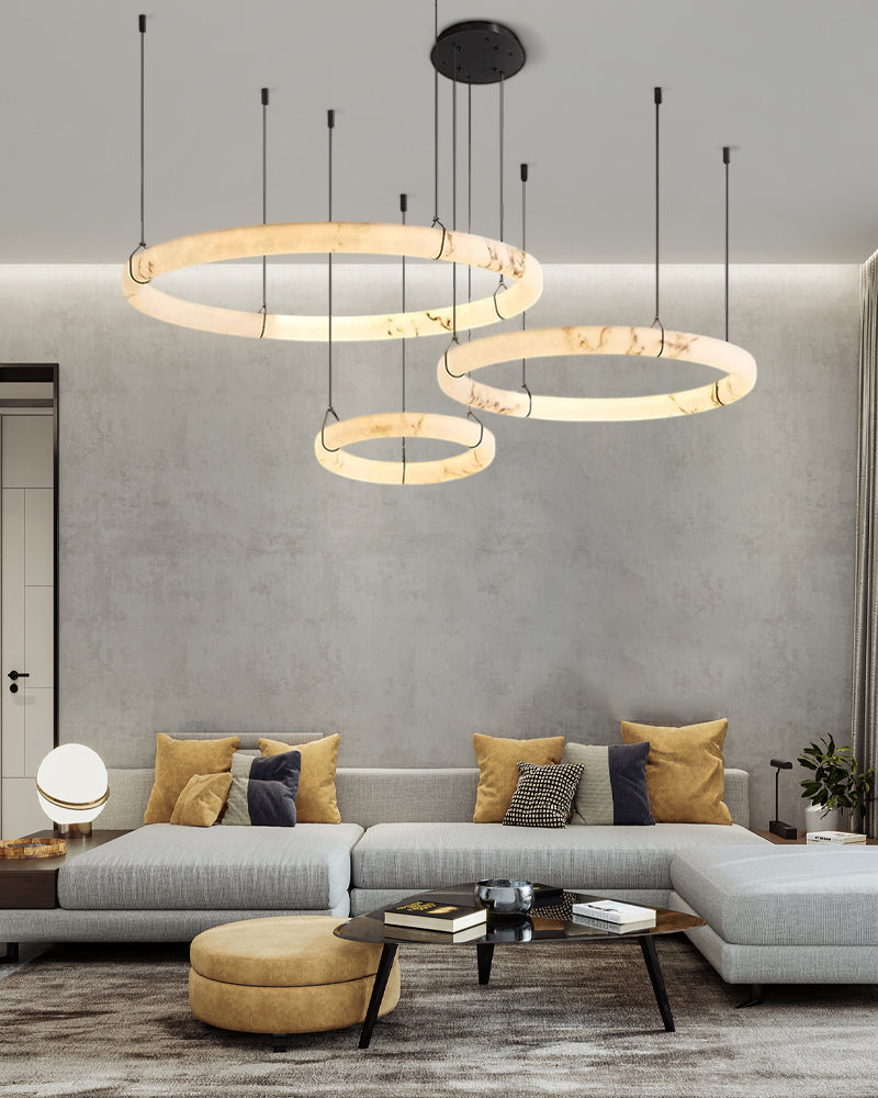 Black Metal Modern Round Ring Alabaster Pendant Light, Width 3.15"