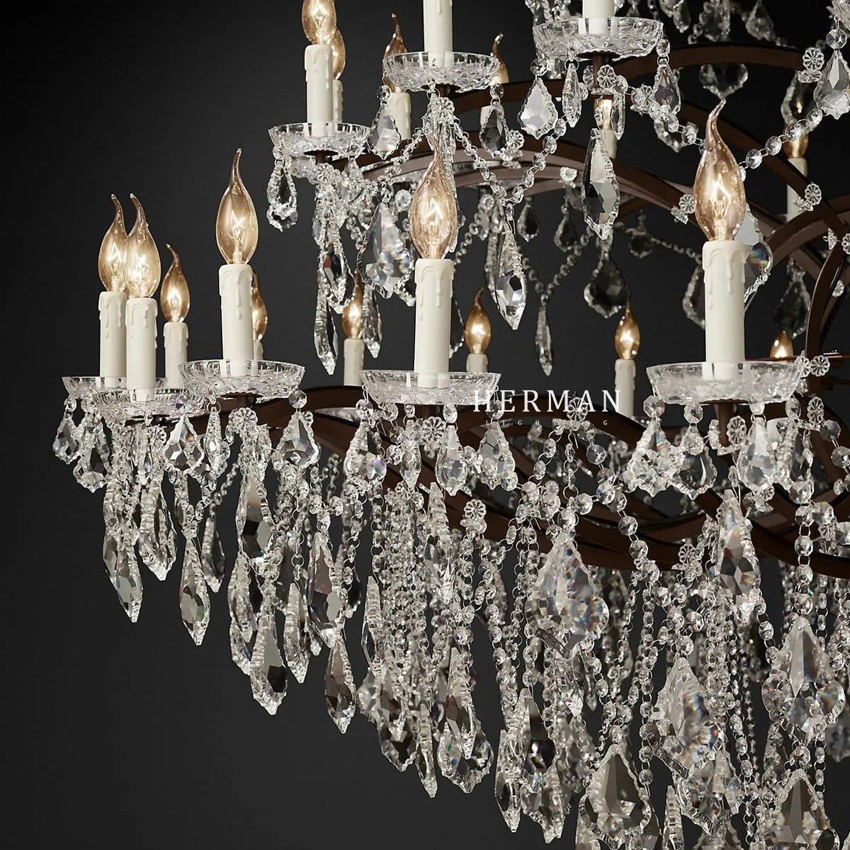 19th C. Rococo Iron & Crystal Round Chandelier 101"