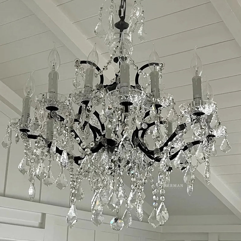 19th C. Rococo Iron & Crystal Round Chandelier 28"