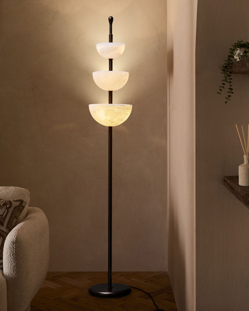 LED Bronze and Alabaster Triple Bowl Tall Floor Lamp 76in