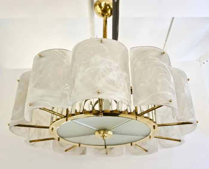 Bespoke Italian Alabaster White Murano Glass Brass Round Chandelier / Flushmount