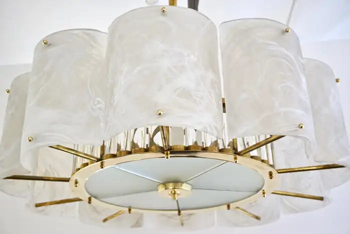 Bespoke Italian Alabaster White Murano Glass Brass Round Chandelier / Flushmount