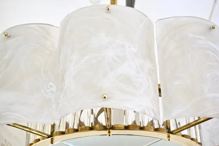 Bespoke Italian Alabaster White Murano Glass Brass Round Chandelier / Flushmount