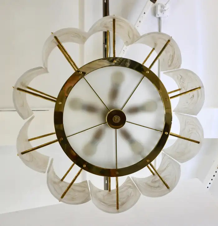 Bespoke Italian Alabaster White Murano Glass Brass Round Chandelier / Flushmount