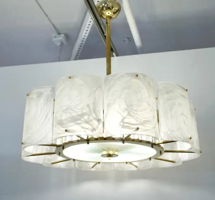 Bespoke Italian Alabaster White Murano Glass Brass Round Chandelier / Flushmount