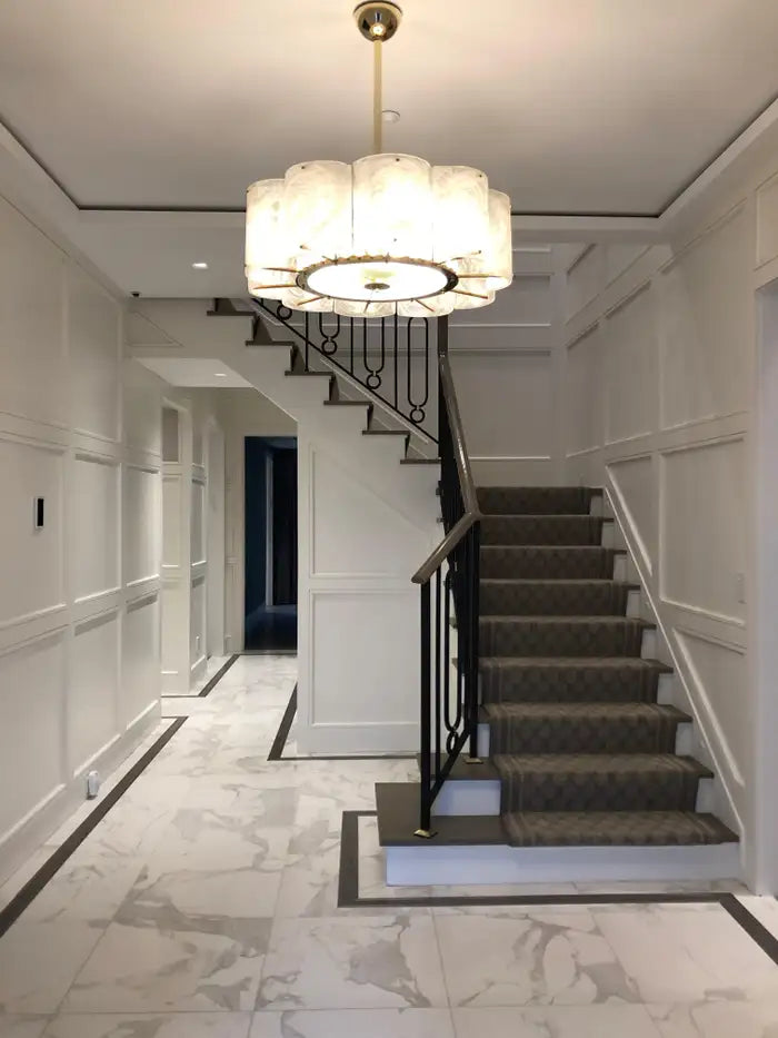 Bespoke Italian Alabaster White Murano Glass Brass Round Chandelier / Flushmount