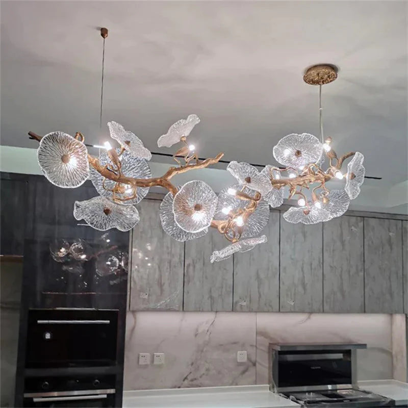 Modern Leaf Glass Flower Linear Branch Chandelier, Island Chandelier
