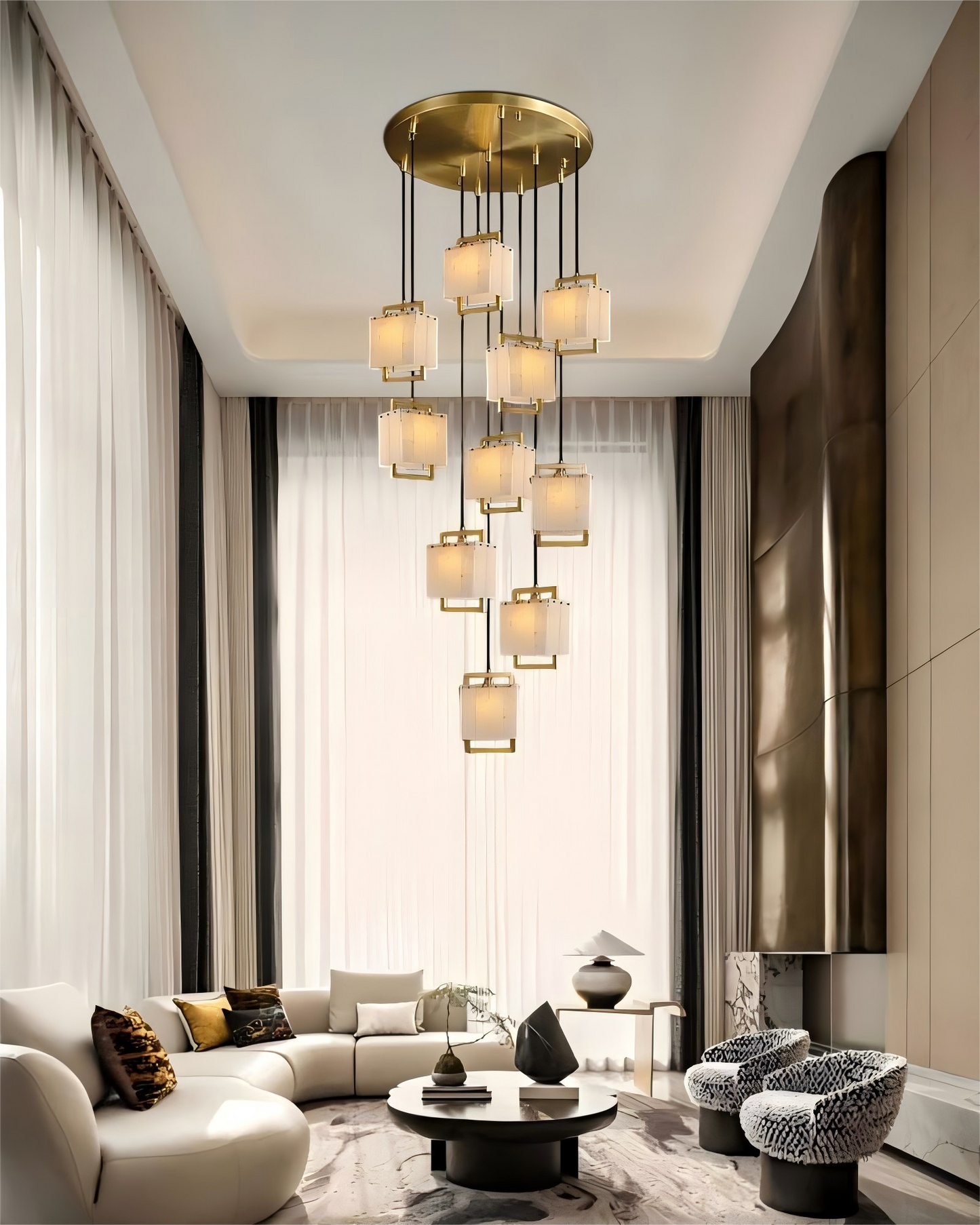 Elegant Cluster Alabaster Dome Suspension Light Lacquered Burnished Brass for hallway