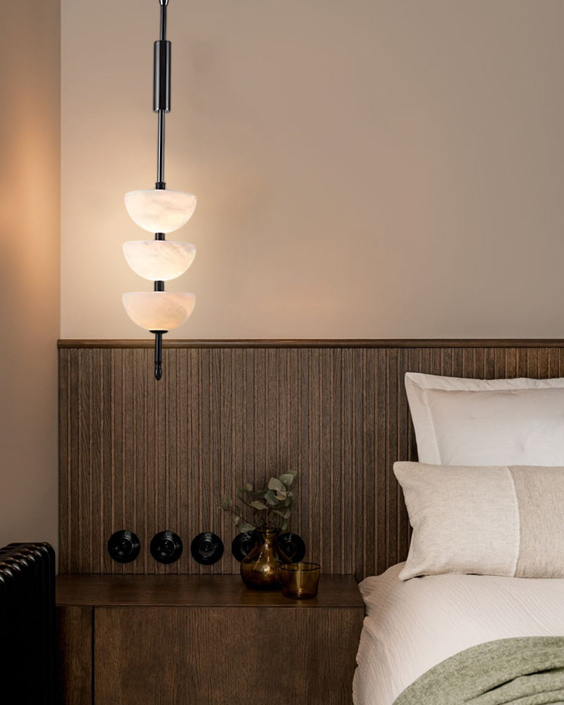 Alabaster Triple Half Spheres Vertical Suspension Lights Lacquered Burnished Brass/Bronze