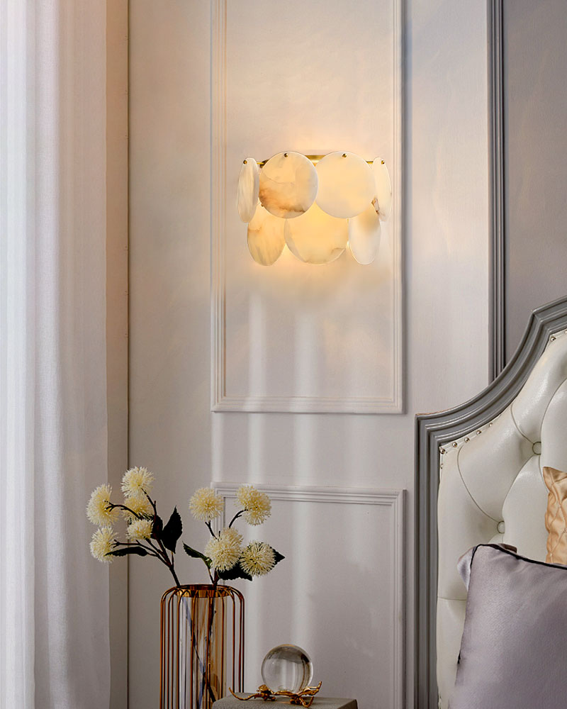 Multi layers Spanish White Alabaster Shell Marble Chandelier lamp in Brass