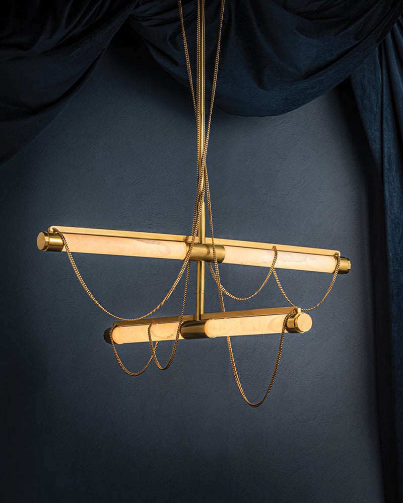 LED Tubular Alabaster Shades Ceiling Pendant Lamp 49" with long chains | Brass