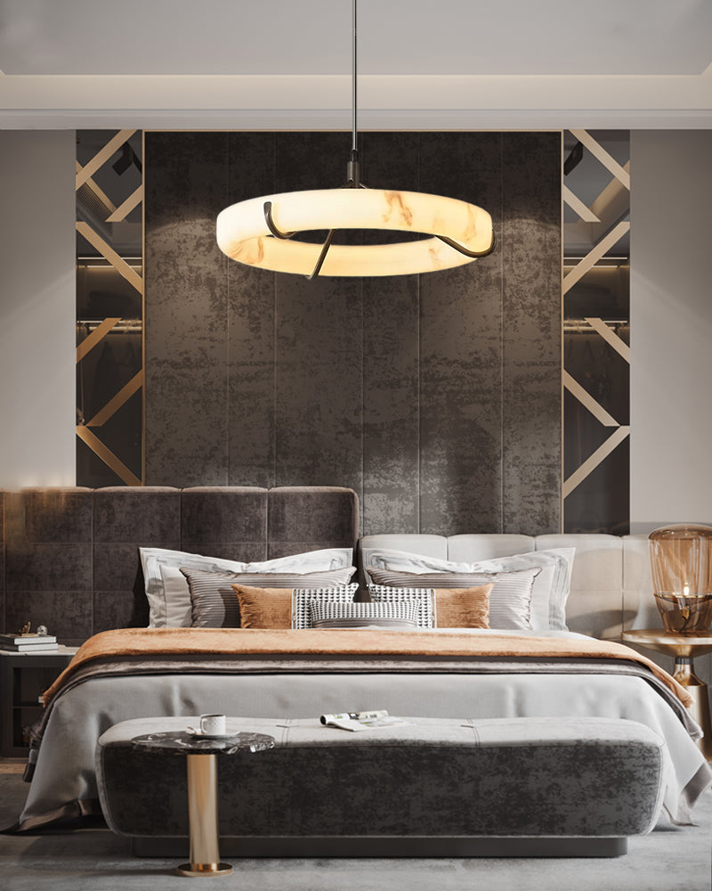 Black Metal Modern Round Ring Alabaster Pendant Light, Width 3.15"