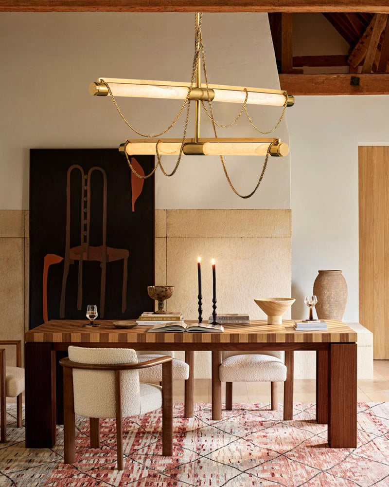LED Tubular Alabaster Shades Ceiling Pendant Lamp 49" with long chains | Brass