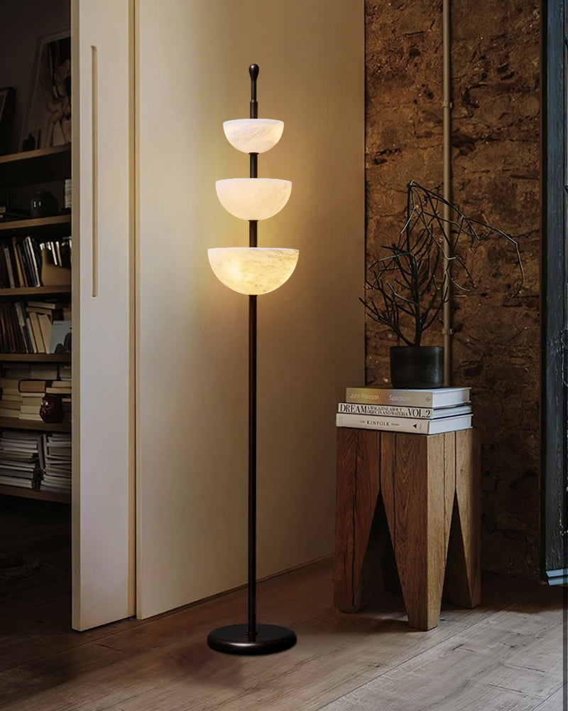 LED Bronze and Alabaster Triple Bowl Tall Floor Lamp 76in