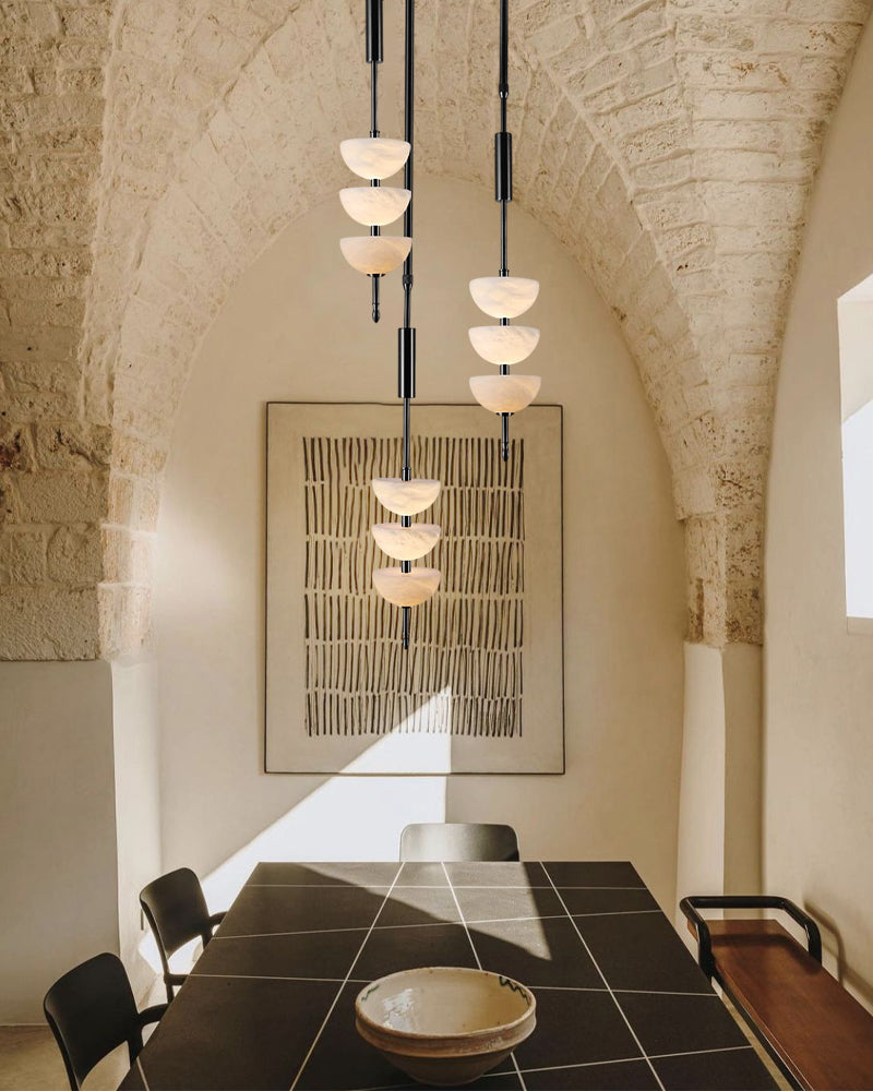 Alabaster Triple Half Spheres Vertical Suspension Lights Lacquered Burnished Brass/Bronze