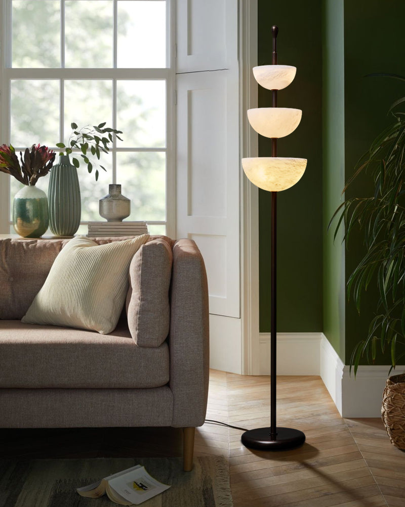 LED Bronze and Alabaster Triple Bowl Tall Floor Lamp 76in