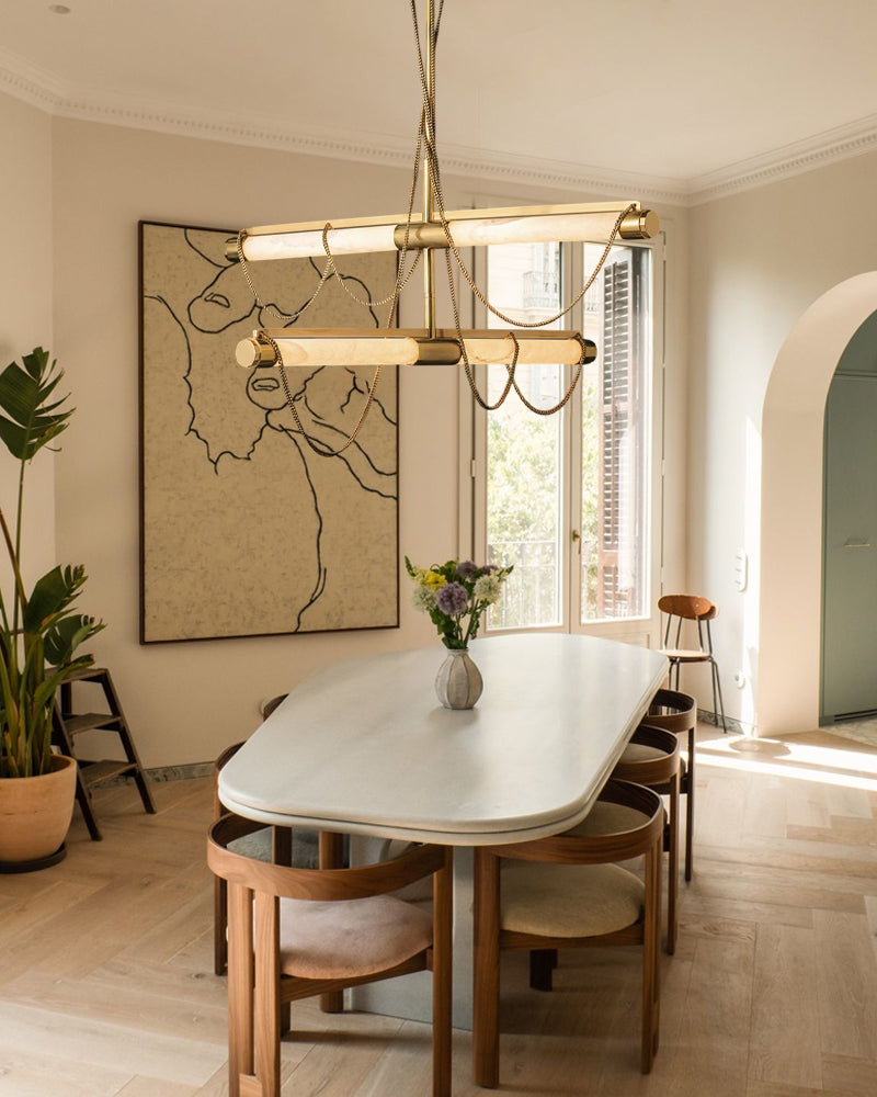 LED Tubular Alabaster Shades Ceiling Pendant Lamp 49" with long chains | Brass