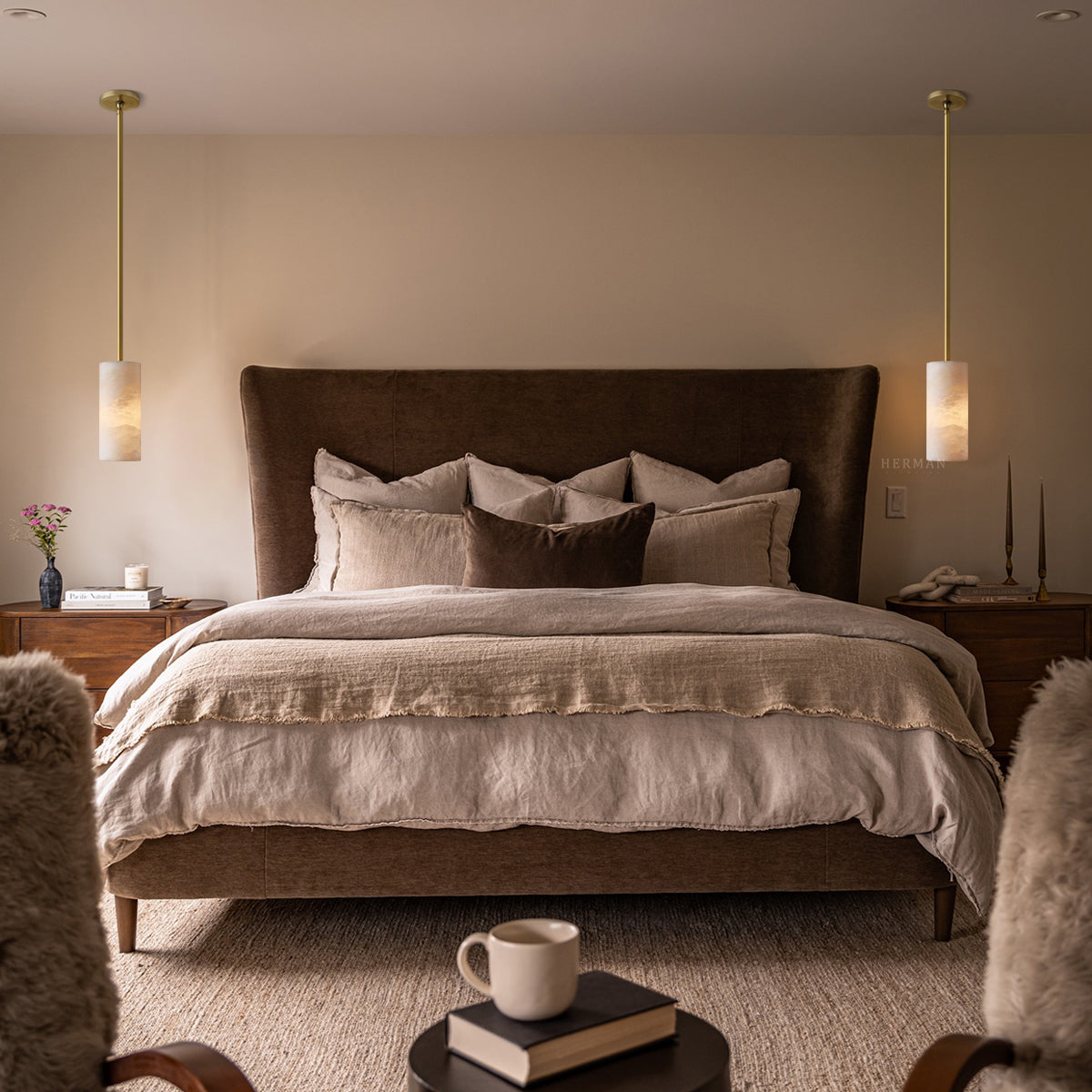Hand Carved Alabaster Cylinder Pendant Light