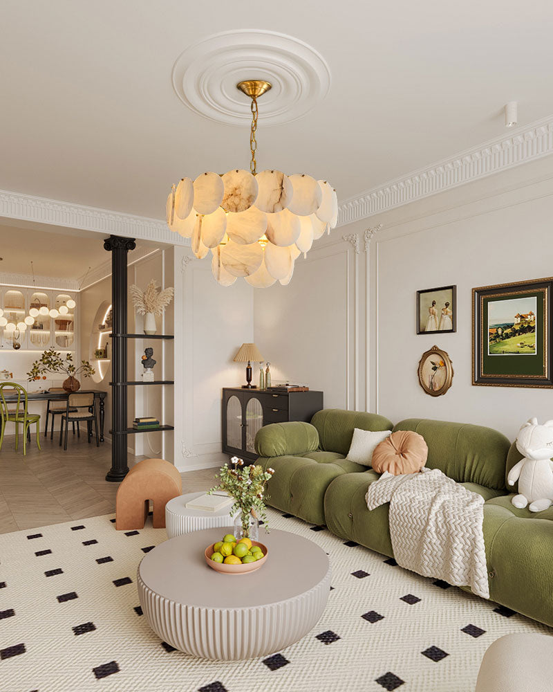 Multi layers Spanish White Alabaster Shell Marble Chandelier lamp in Brass