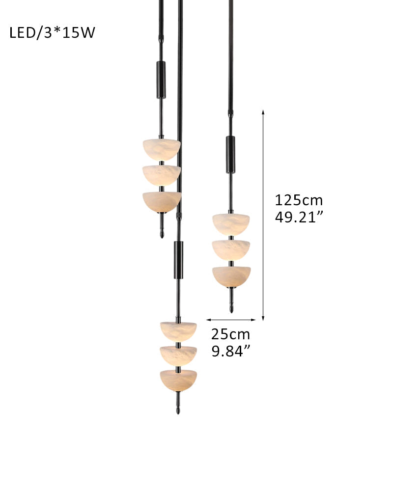 Alabaster Triple Half Spheres Vertical Suspension Lights Lacquered Burnished Brass/Bronze