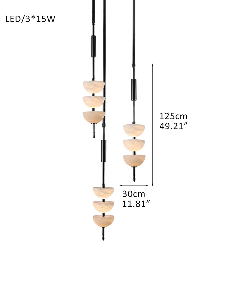 Alabaster Triple Half Spheres Vertical Suspension Lights Lacquered Burnished Brass/Bronze