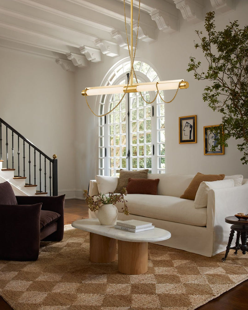 LED Tubular Alabaster Shades Ceiling Pendant Lamp 49" with long chains | Brass