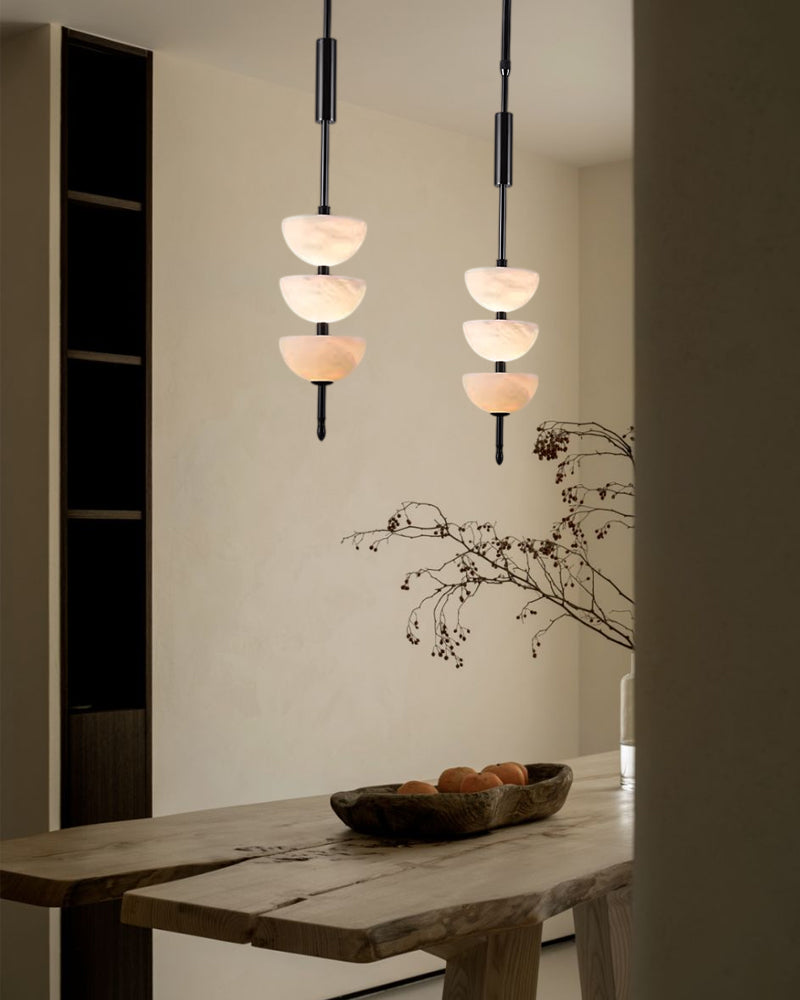 Alabaster Triple Half Spheres Vertical Suspension Lights Lacquered Burnished Brass/Bronze