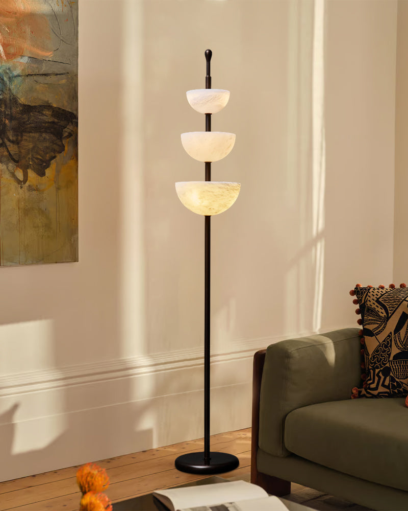 LED Bronze and Alabaster Triple Bowl Tall Floor Lamp 76in