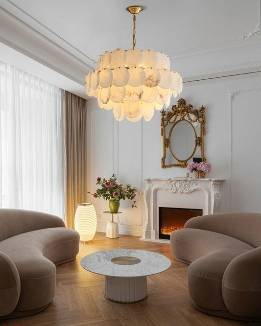 Multi layers Spanish White Alabaster Shell Marble Chandelier lamp in Brass