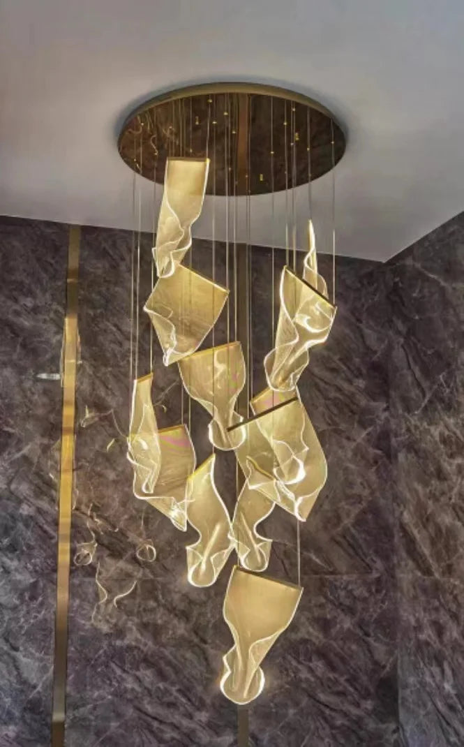 Modern Style Hotel Villa Stairs Bronze Iron Ceiling Light Hanging Acrylic LED Pendant Light