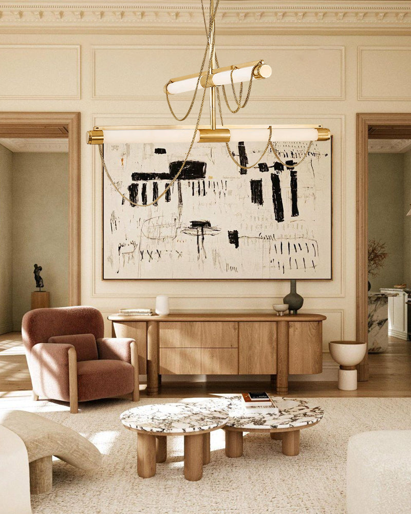 LED Tubular Alabaster Shades Ceiling Pendant Lamp 49" with long chains | Brass