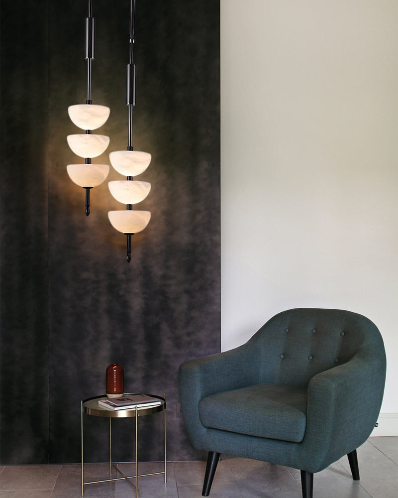 Alabaster Triple Half Spheres Vertical Suspension Lights Lacquered Burnished Brass/Bronze