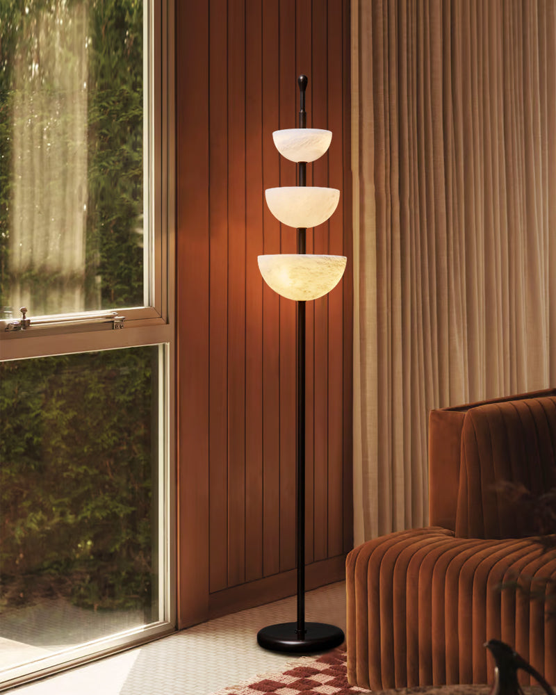 LED Bronze and Alabaster Triple Bowl Tall Floor Lamp 76in