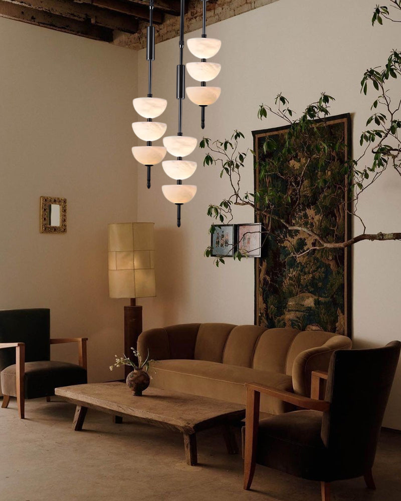 Alabaster Triple Half Spheres Vertical Suspension Lights Lacquered Burnished Brass/Bronze