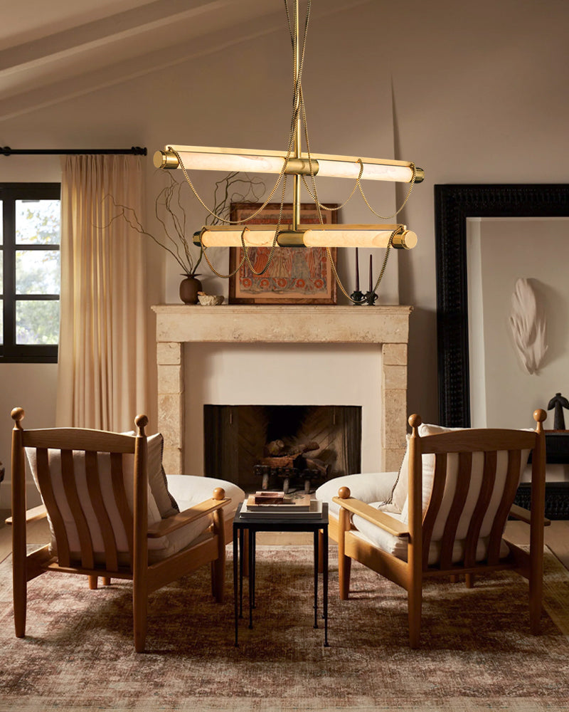 LED Tubular Alabaster Shades Ceiling Pendant Lamp 49" with long chains | Brass