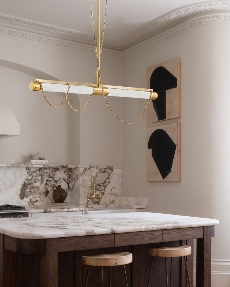 LED Tubular Alabaster Shades Ceiling Pendant Lamp 49" with long chains | Brass